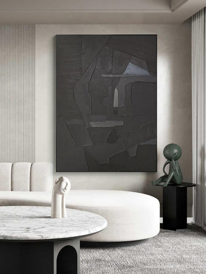 Contemporary Black Abstract Oil Painting for Modern Minimalist Home Décor