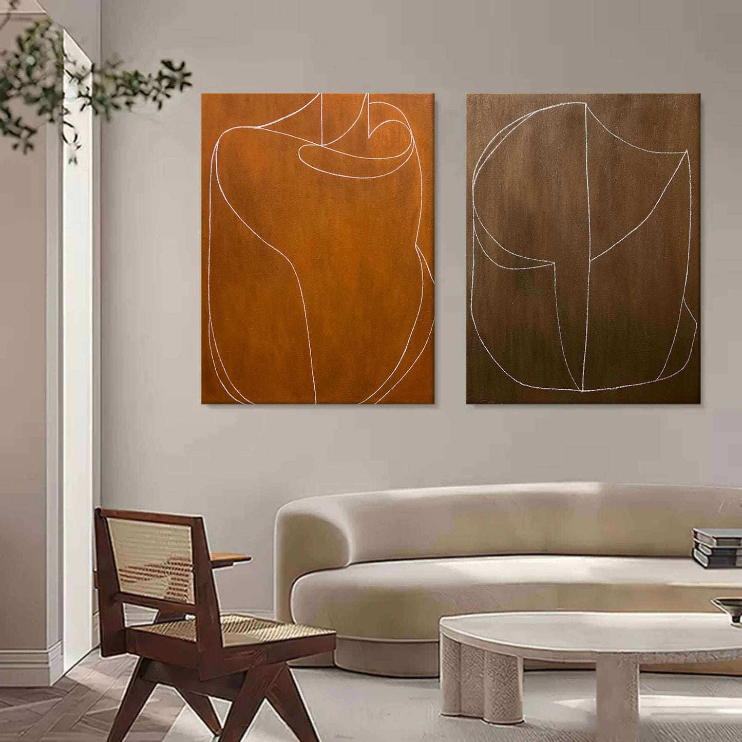 Abstract Earth Tone Oil Painting with Dynamic White Lines for Modern Decor