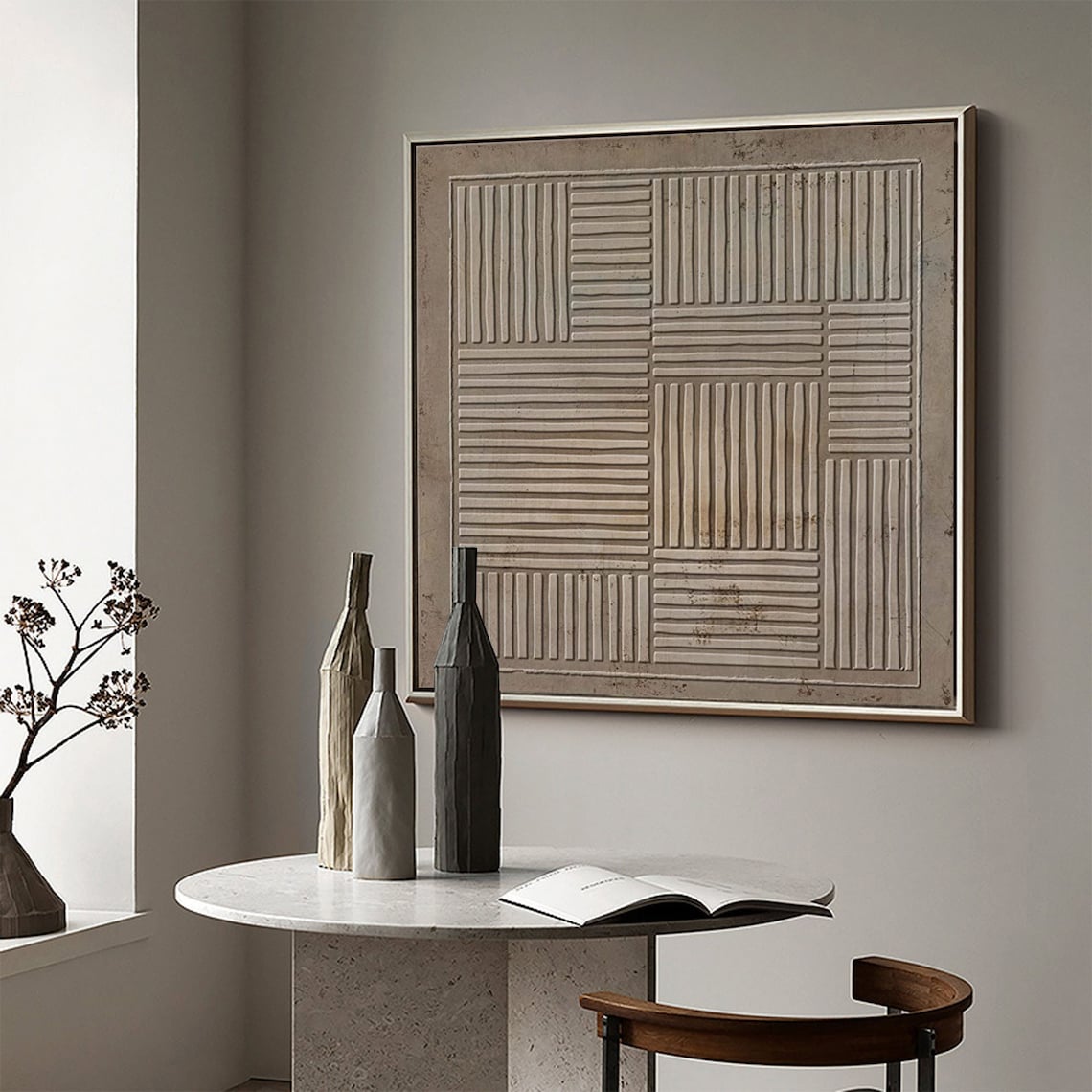 Textured Abstract Oil Painting: Harmony in Lines and Patterns for Modern Decor