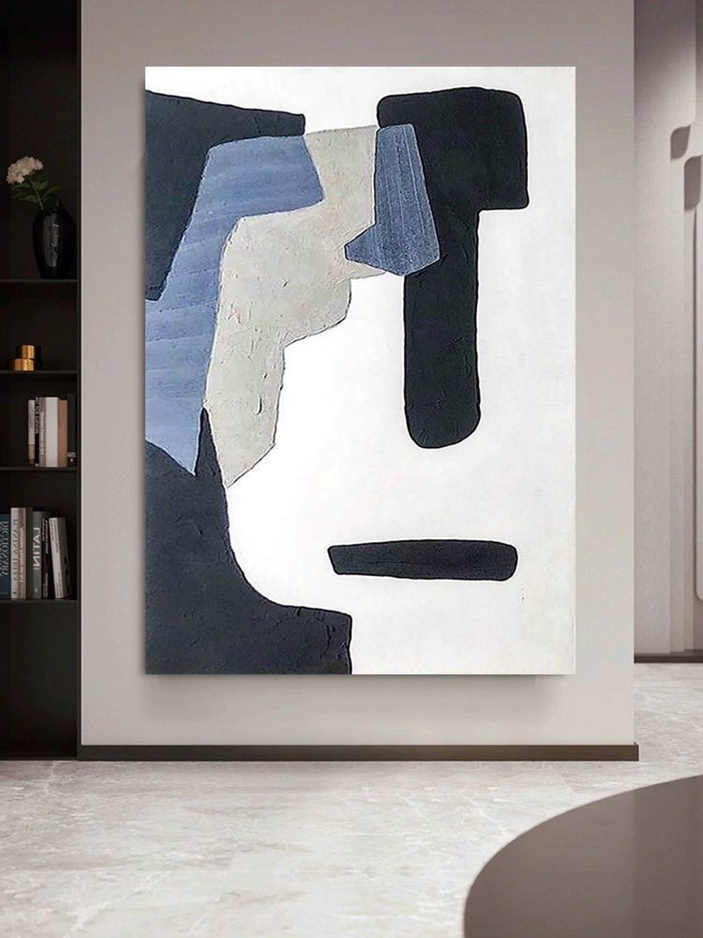 Modern Abstract Oil Painting with Gaunt Faces in Black and Blue Hues