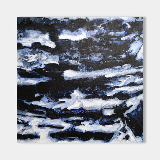 Ocean Depths Abstract Oil Painting in Striking Blue and Black Tones