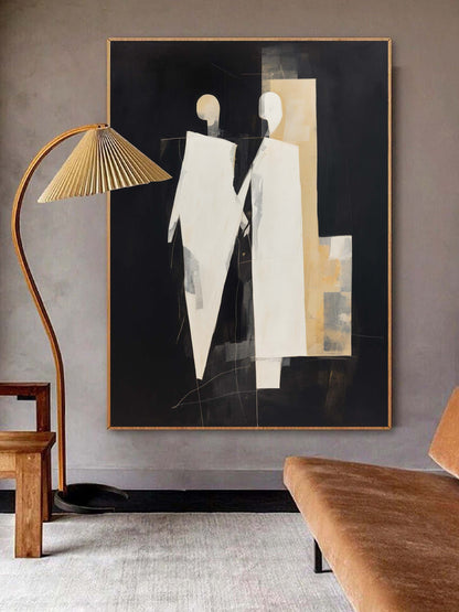 Abstract Minimalist Oil Painting of Figures in Elegant Black and White