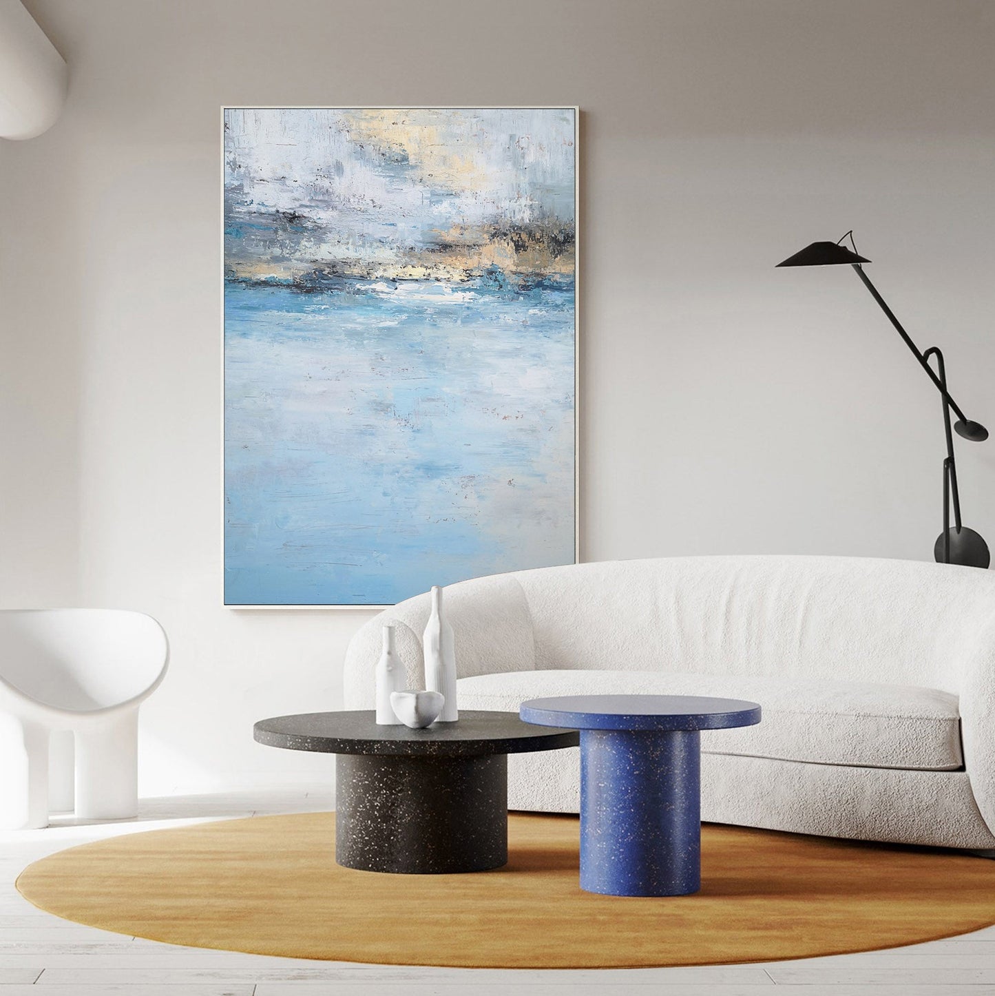 Serene Beach Sunset Oil Painting in Tranquil Blues and Gold Hues