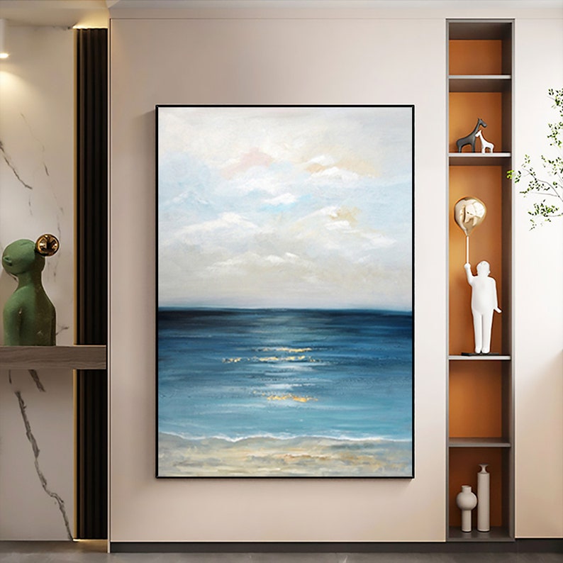Tranquil Ocean Waves: Serene Coastal Oil Painting for Beach-Inspired Decor
