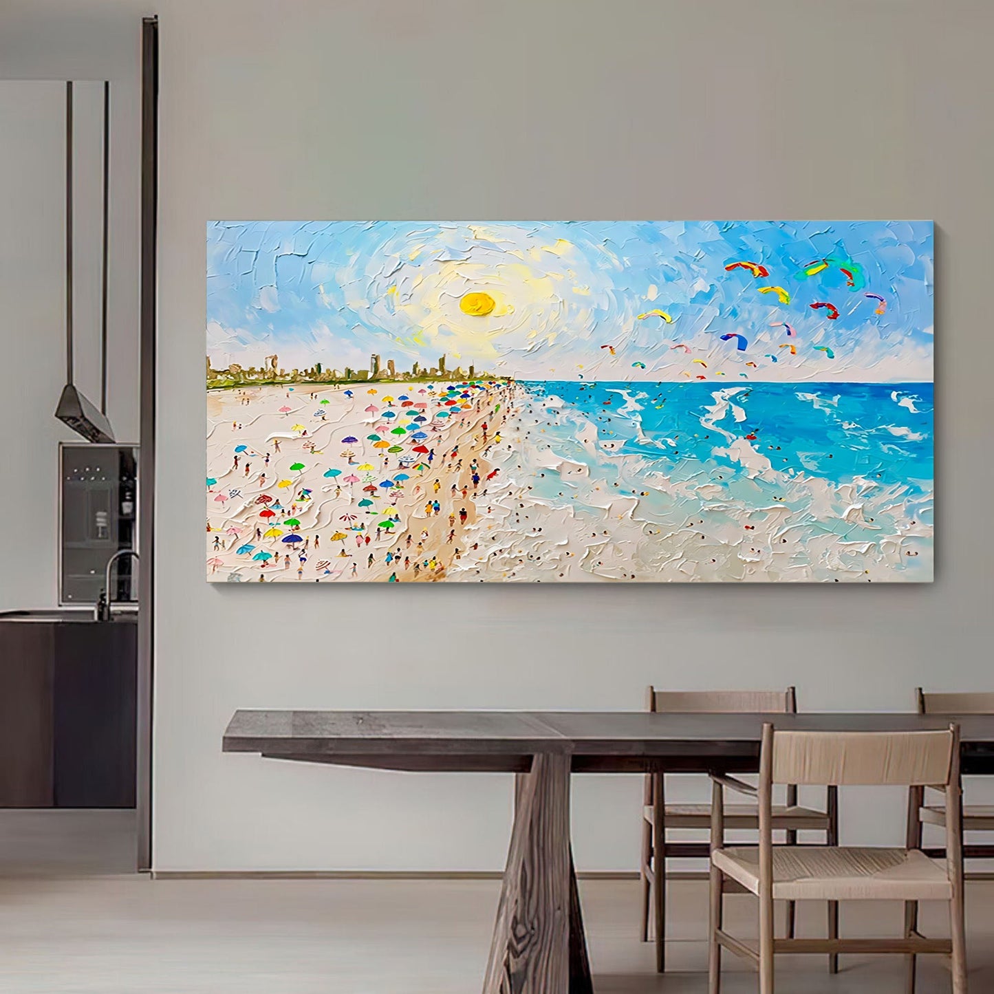 Vibrant Beach Scene with Colorful Umbrellas and Kites - Serene Summer Escape