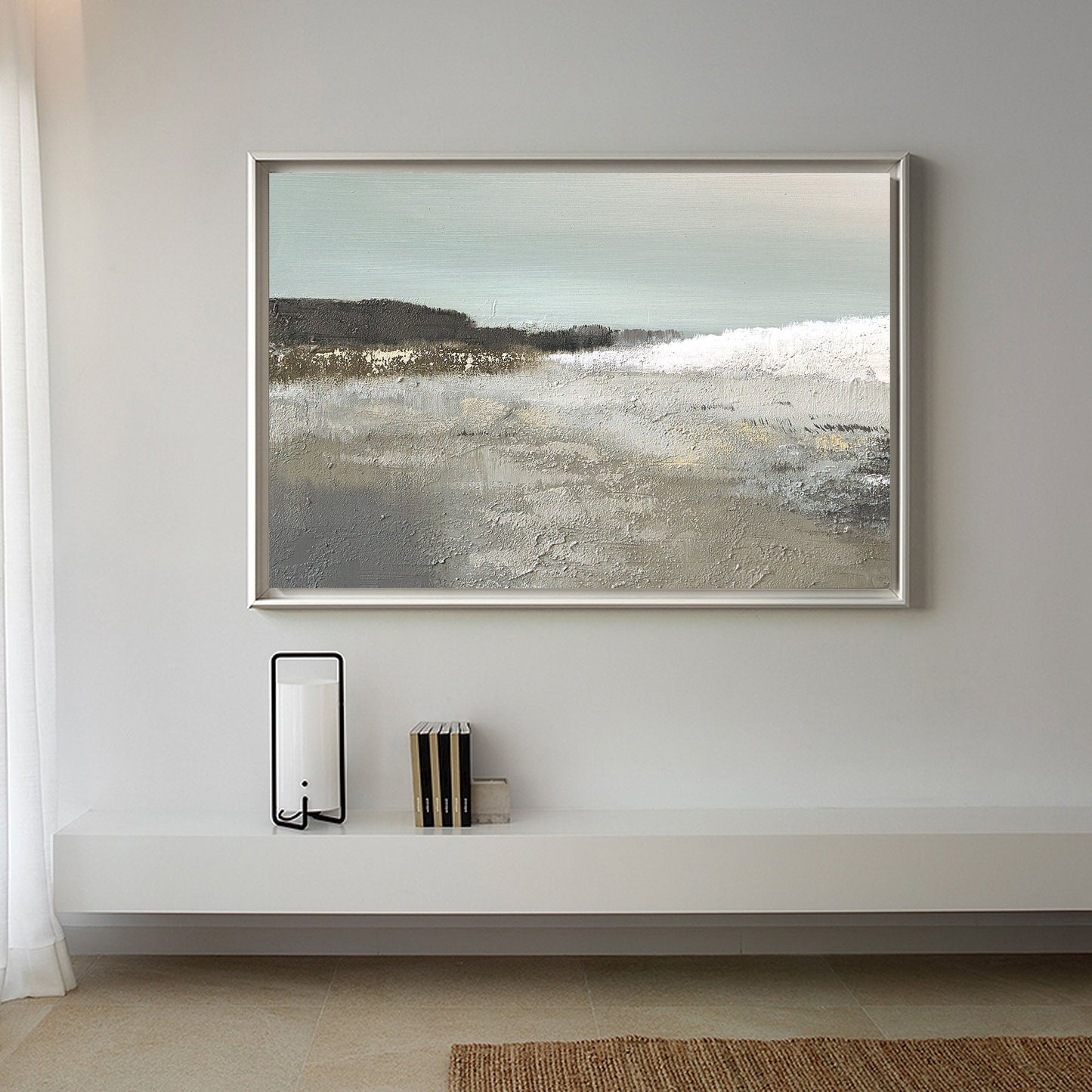 Serene Coastal Landscape Oil Painting with Soft Waves and Tranquil Tones