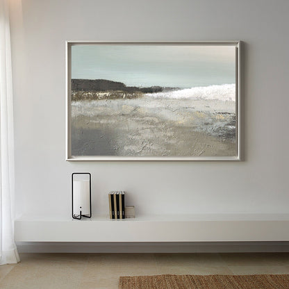 Serene Coastal Landscape Oil Painting with Soft Waves and Tranquil Tones