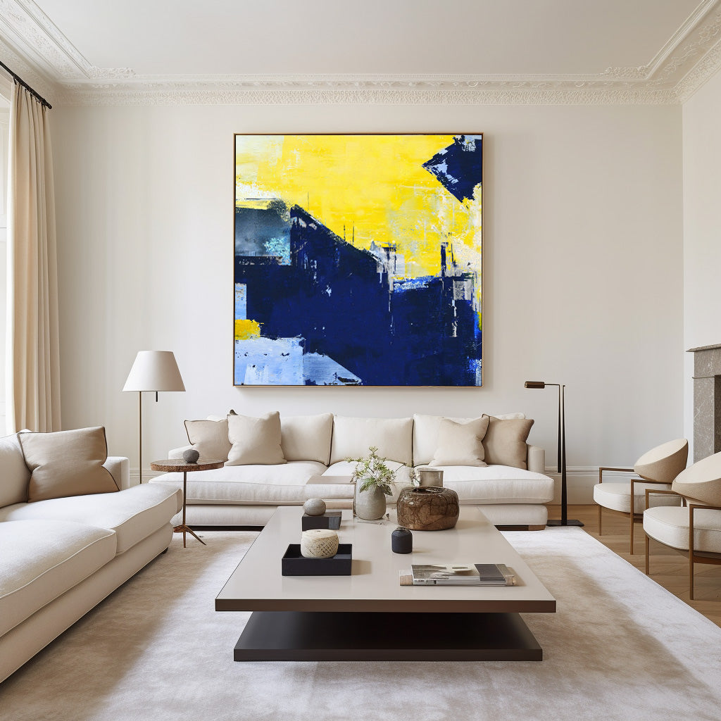 Vibrant Blue and Yellow Abstract Oil Painting for Modern Home Decor