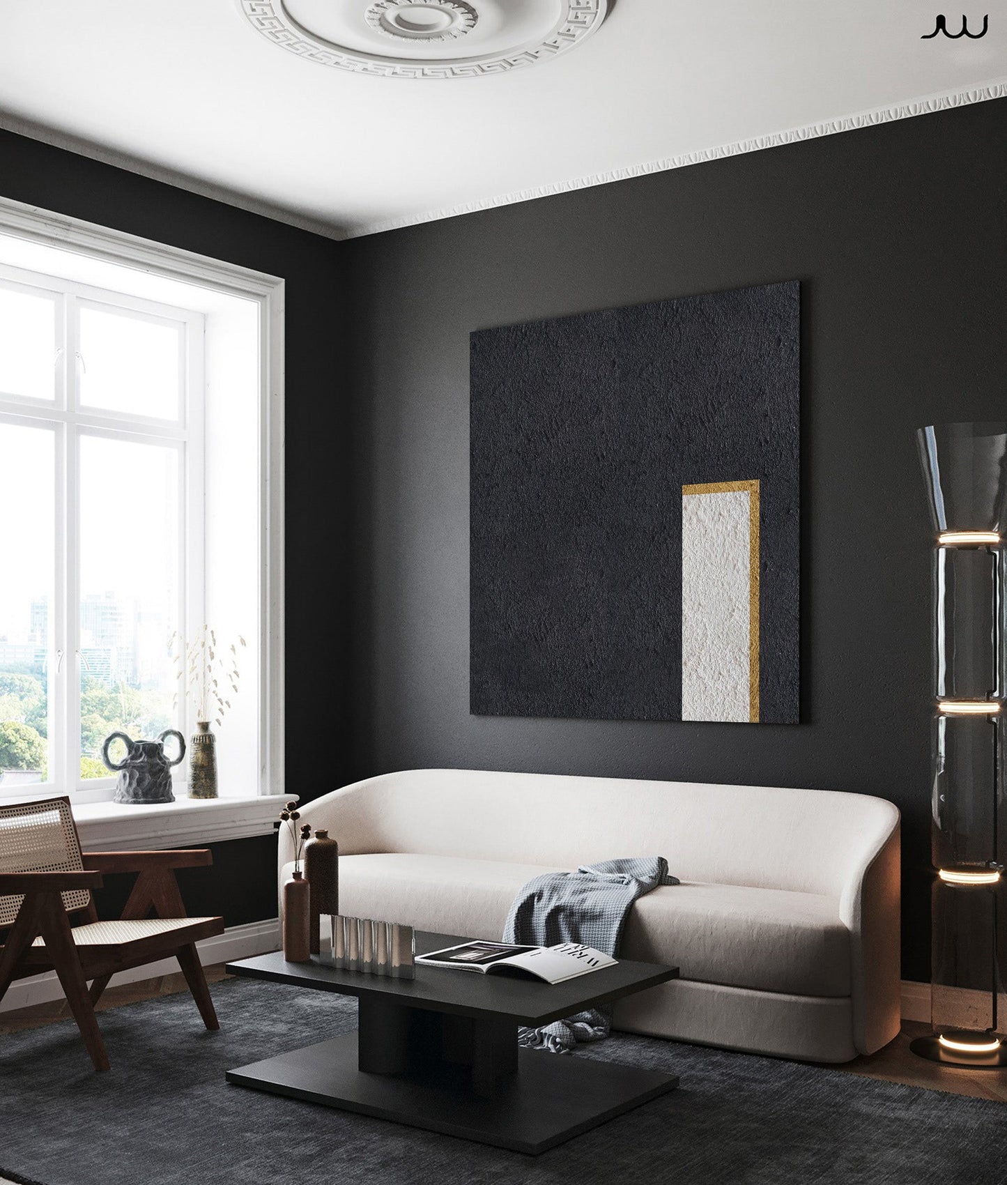 Elegant Minimalist Black White Gold Oil Painting for Contemporary Decor