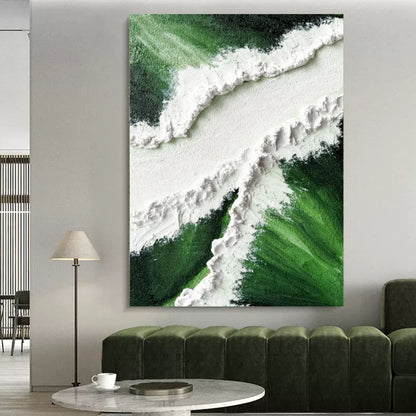 Textured Green and White Abstract Oil Painting for Modern Home Decor