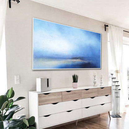 Serene Blue Ocean Horizon Abstract Oil Painting for Tranquil Home Decor