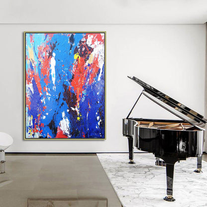 Vibrant Blue and Red Abstract Oil Painting for Modern Home Decor