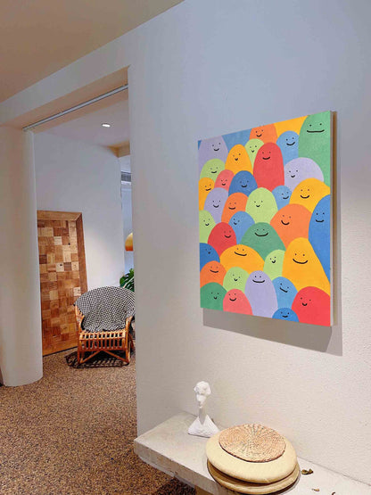 Colorful Abstract Oil Painting of Happy Faces – Cheerful Canvas Wall Art Decor
