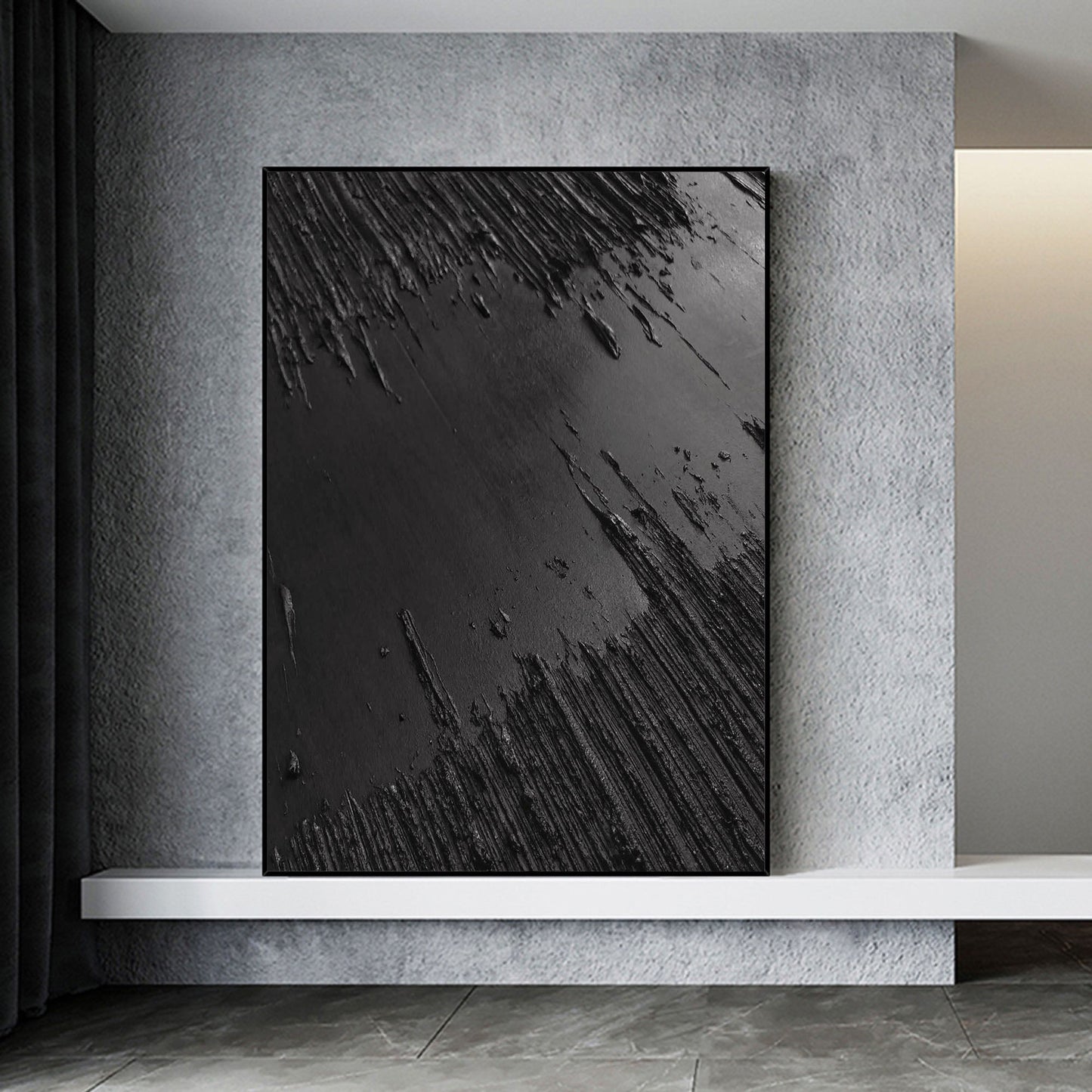 Textured Black Abstract Oil Painting for Modern Monochrome Home Decor