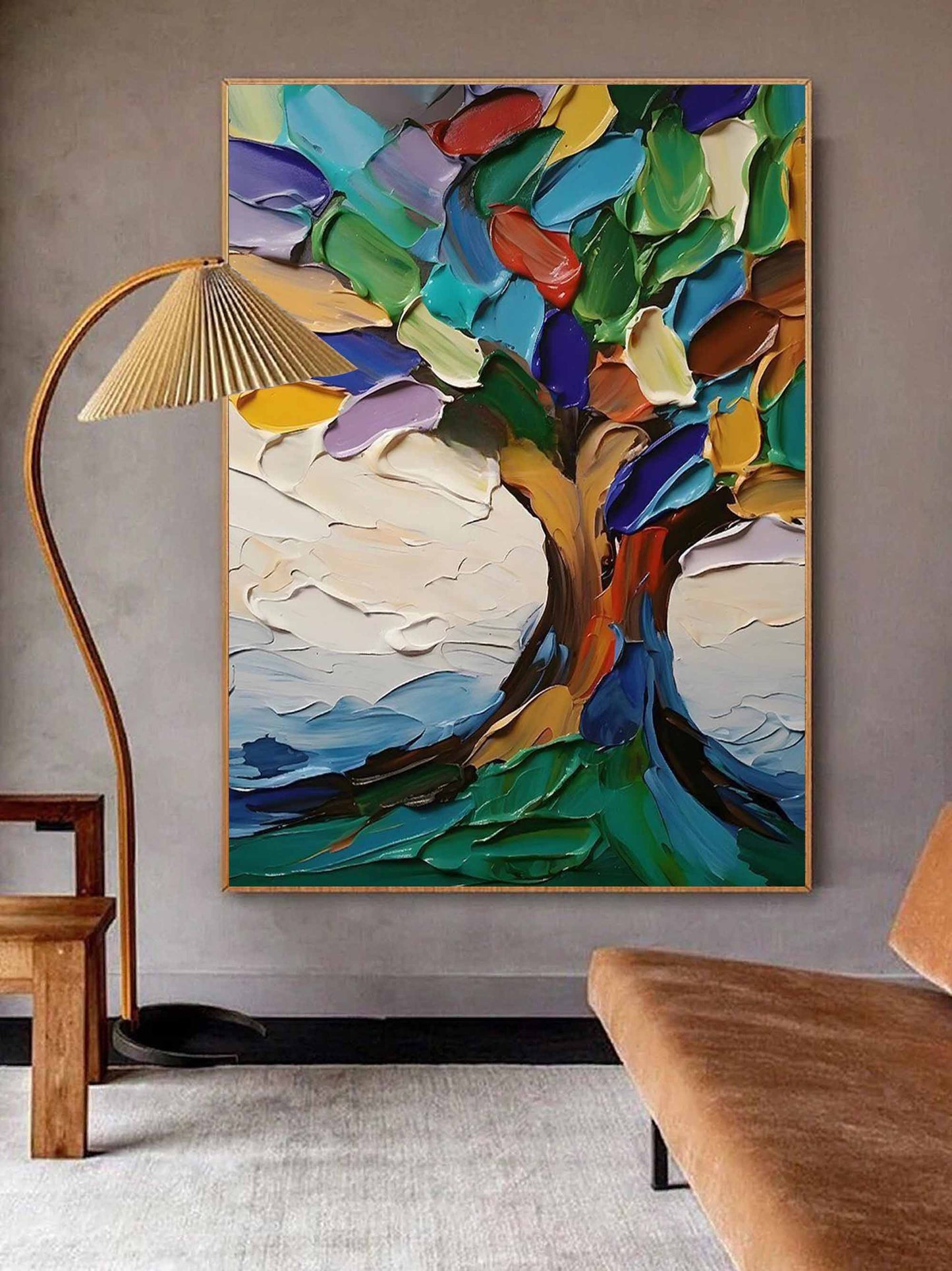 Vibrant Abstract Tree Oil Painting with Colorful Textures and Scenic Background