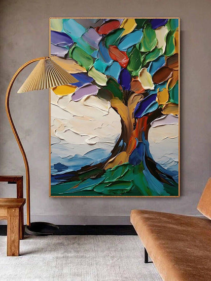 Vibrant Abstract Tree Oil Painting with Colorful Textures and Scenic Background