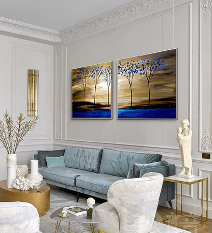 Vibrant Blue Oasis: Stunning Oil Painting of Trees and Water Landscape