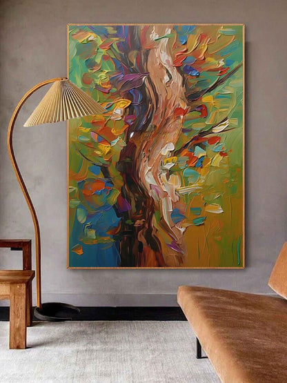 Vibrant Abstract Tree Oil Painting with Colorful Leaves and Textured Brushstrokes