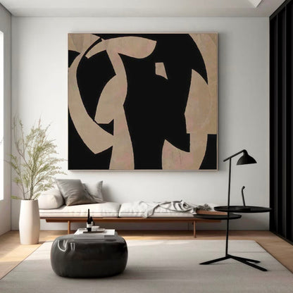 Sleek Black and Beige Minimalist Abstract Oil Painting for Modern Home Decor