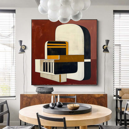 Modern Vintage Abstract Oil Painting with Bold Geometric Shapes and Warm Tones