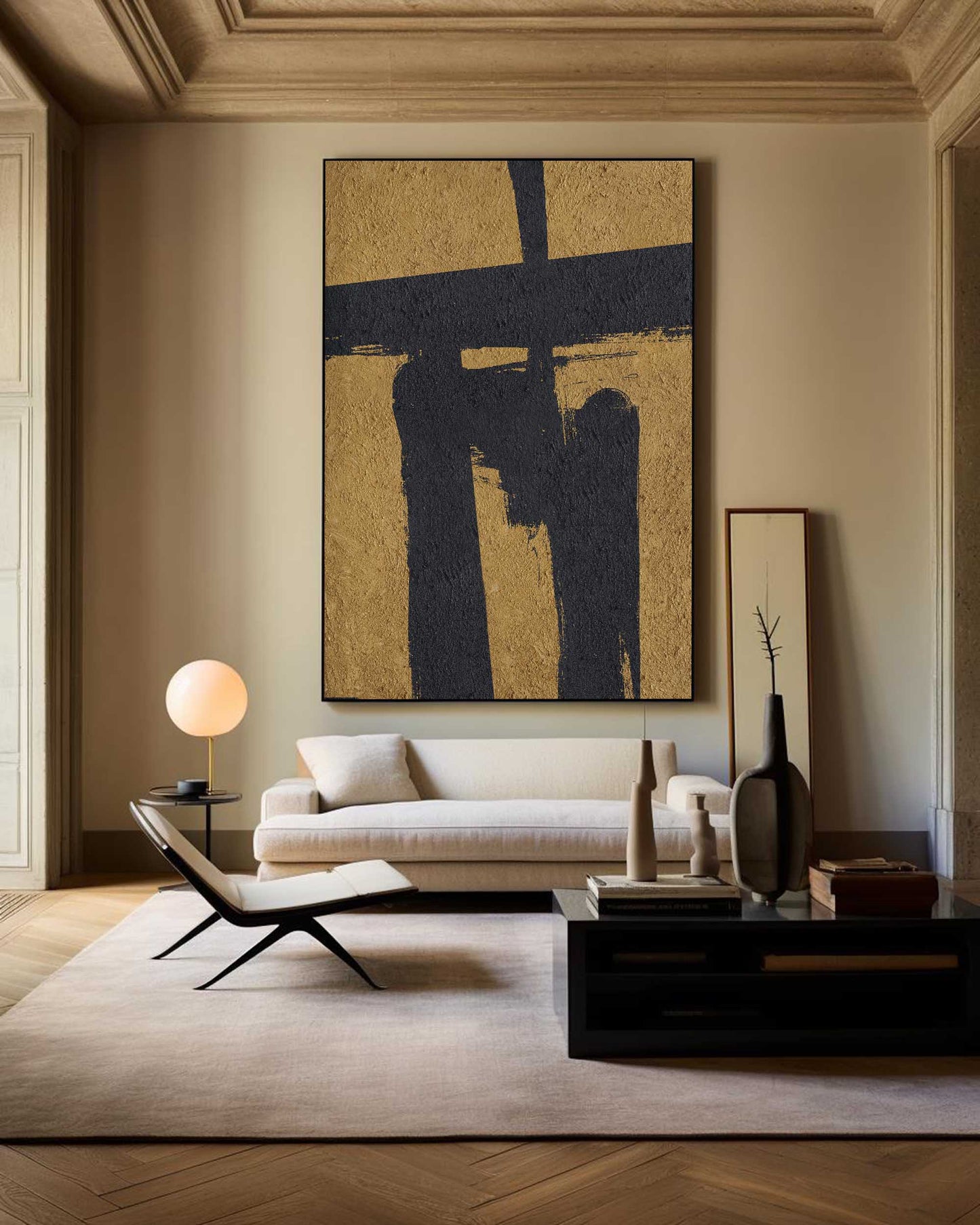 Stunning Black and Gold Abstract Minimalist Oil Painting for Modern Decor