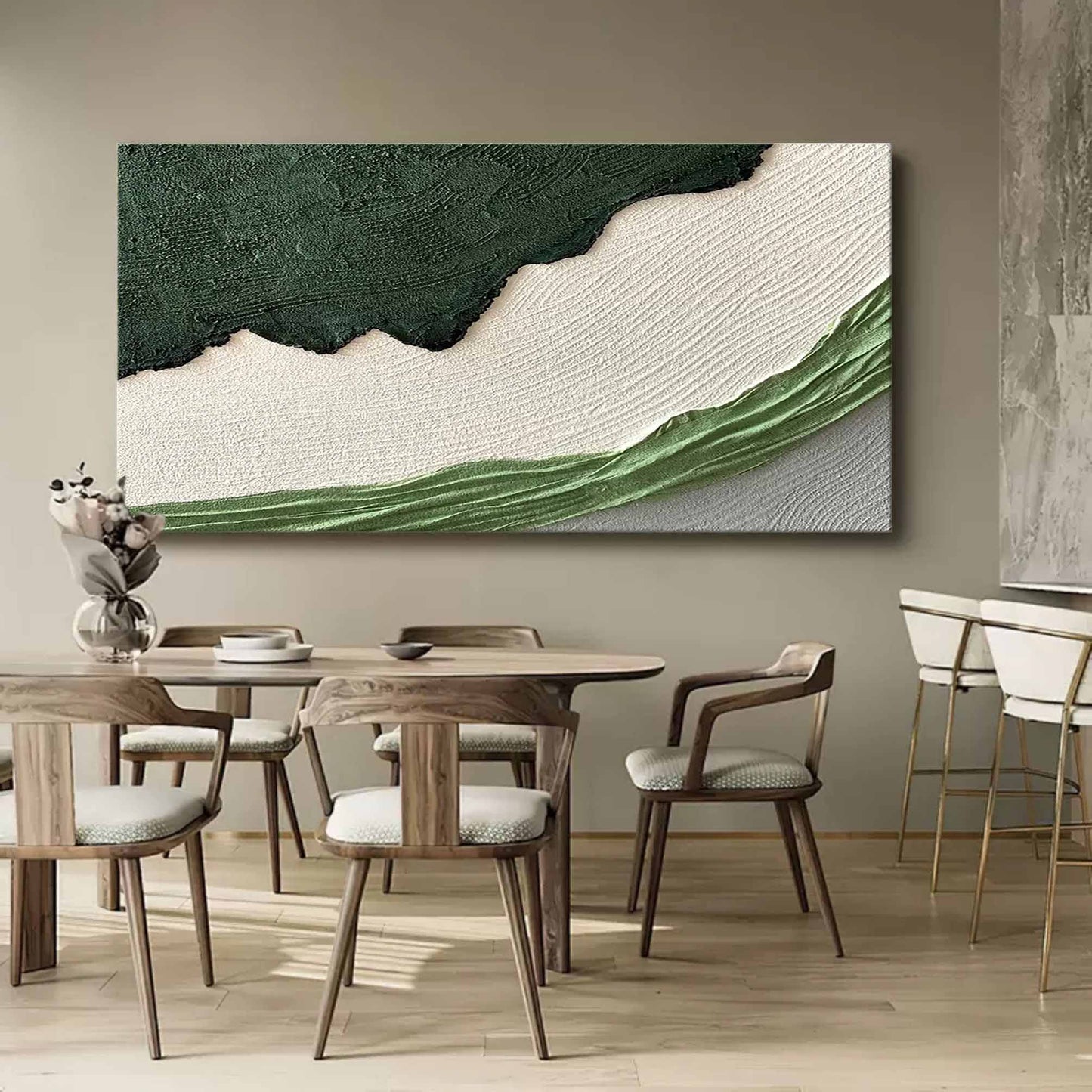 Abstract Green and White Textured Oil Painting for Modern Home Decor