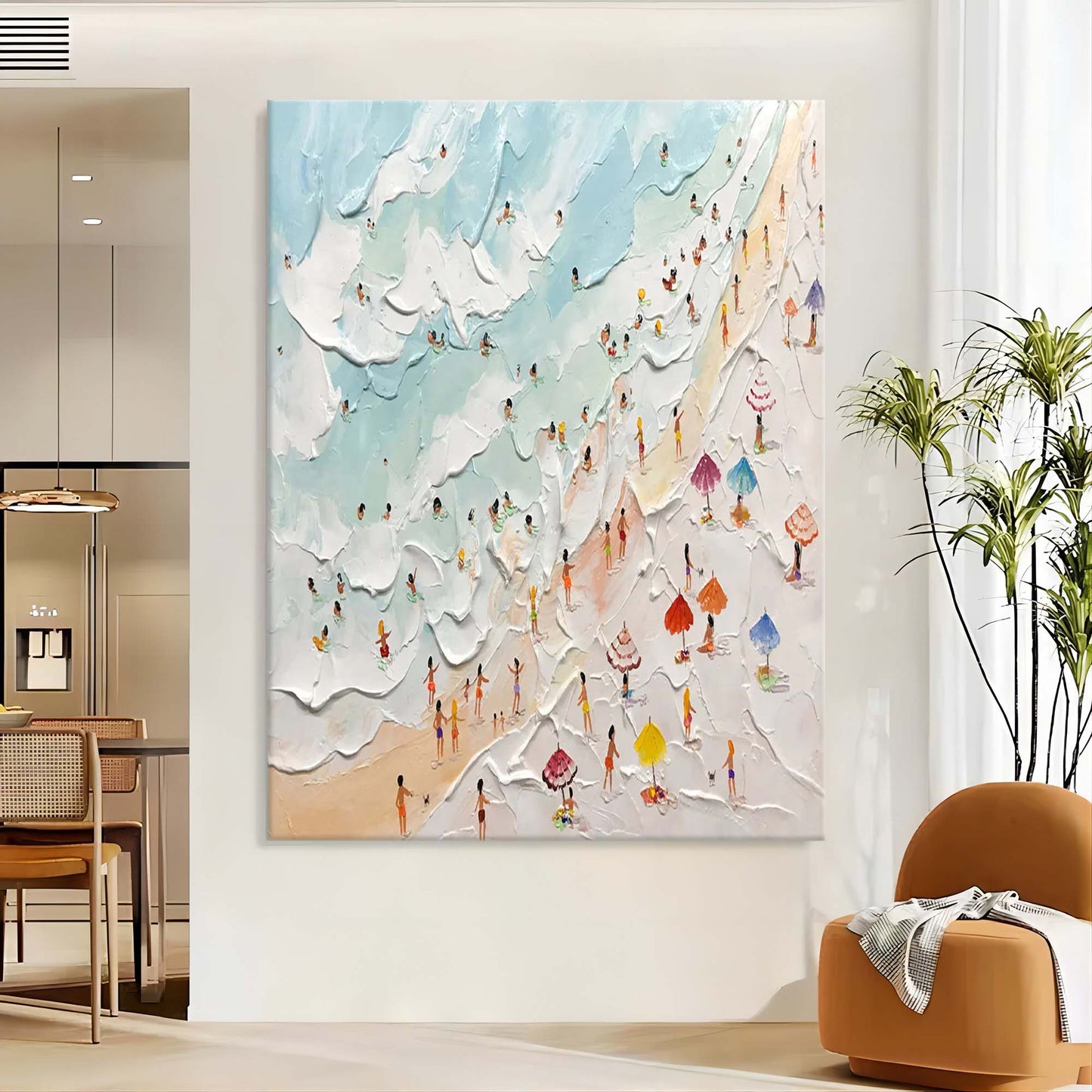 Vibrant Beach Day Oil Painting with Textured Waves and Colorful Sunbathers
