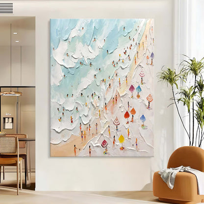 Vibrant Beach Day Oil Painting with Textured Waves and Colorful Sunbathers