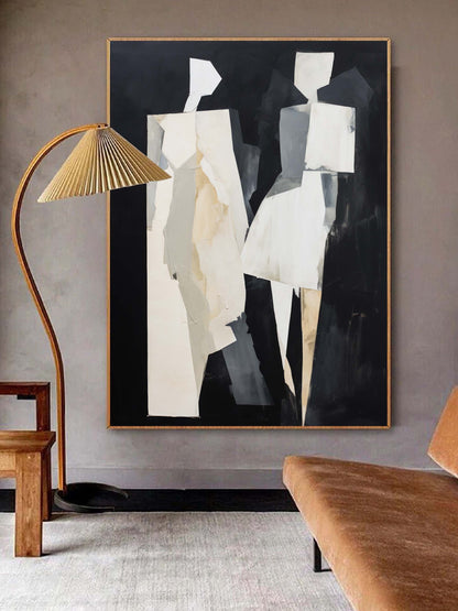 Abstract Minimalist Oil Painting of Figures in Monochrome Palette