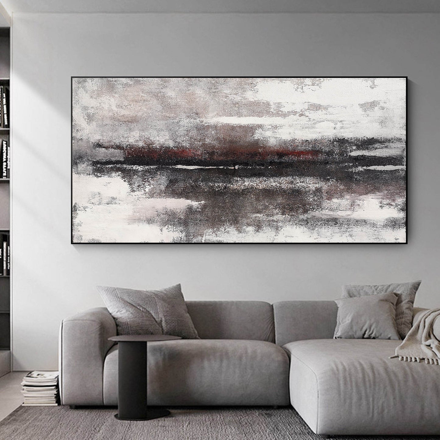 Abstract Black and White Coastal Landscape Oil Painting for Modern Home Decor