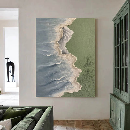 Serene Beach and Ocean Wave Oil Painting for Coastal Home Decor