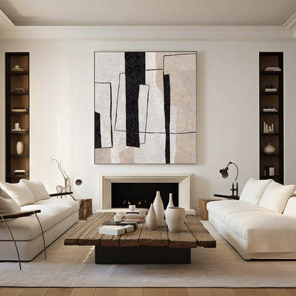 Contemporary Black and White Geometric Oil Painting for Modern Home Decor