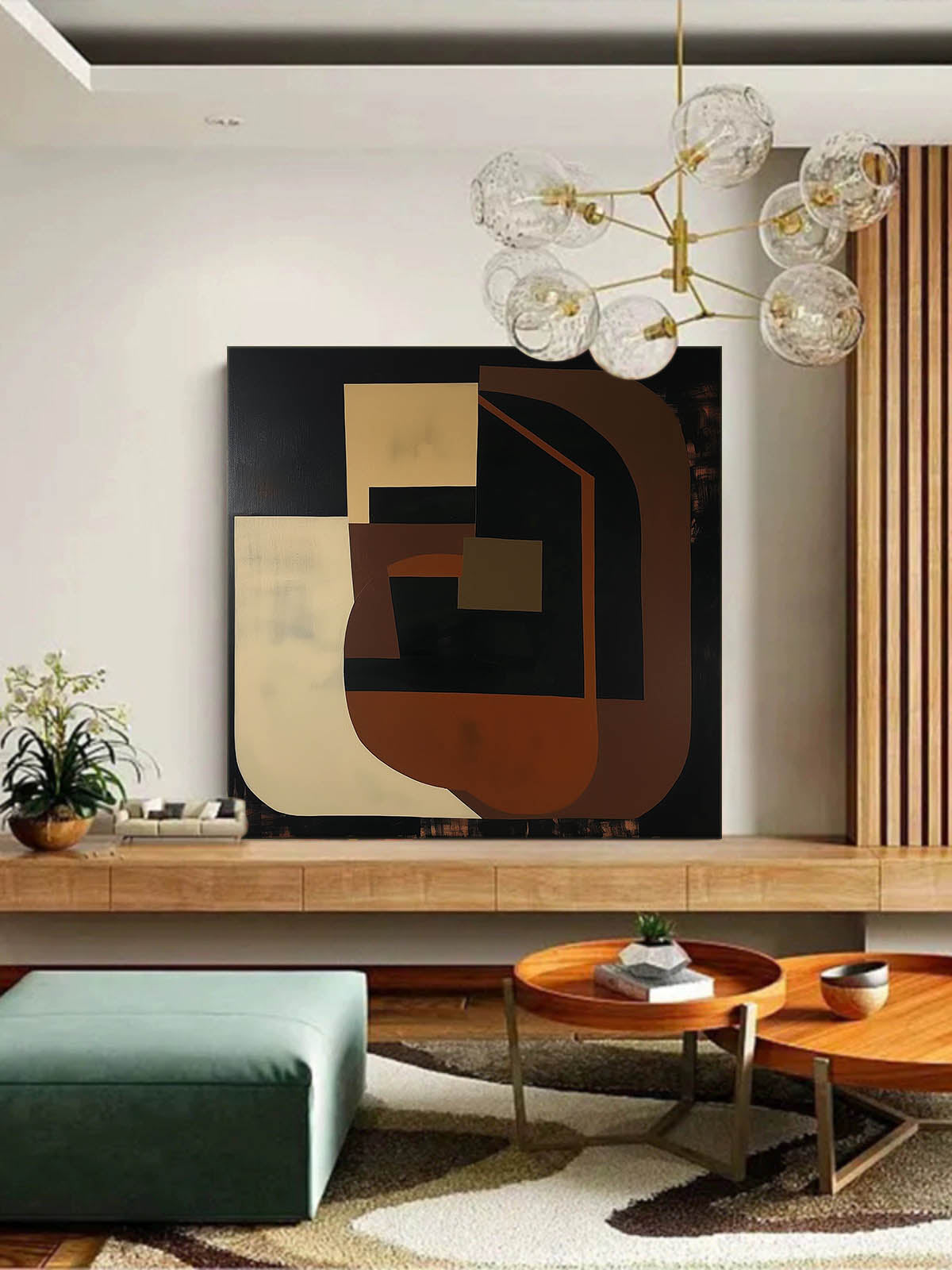 Modern Vintage Abstract Oil Painting with Earthy Tones and Unique Design