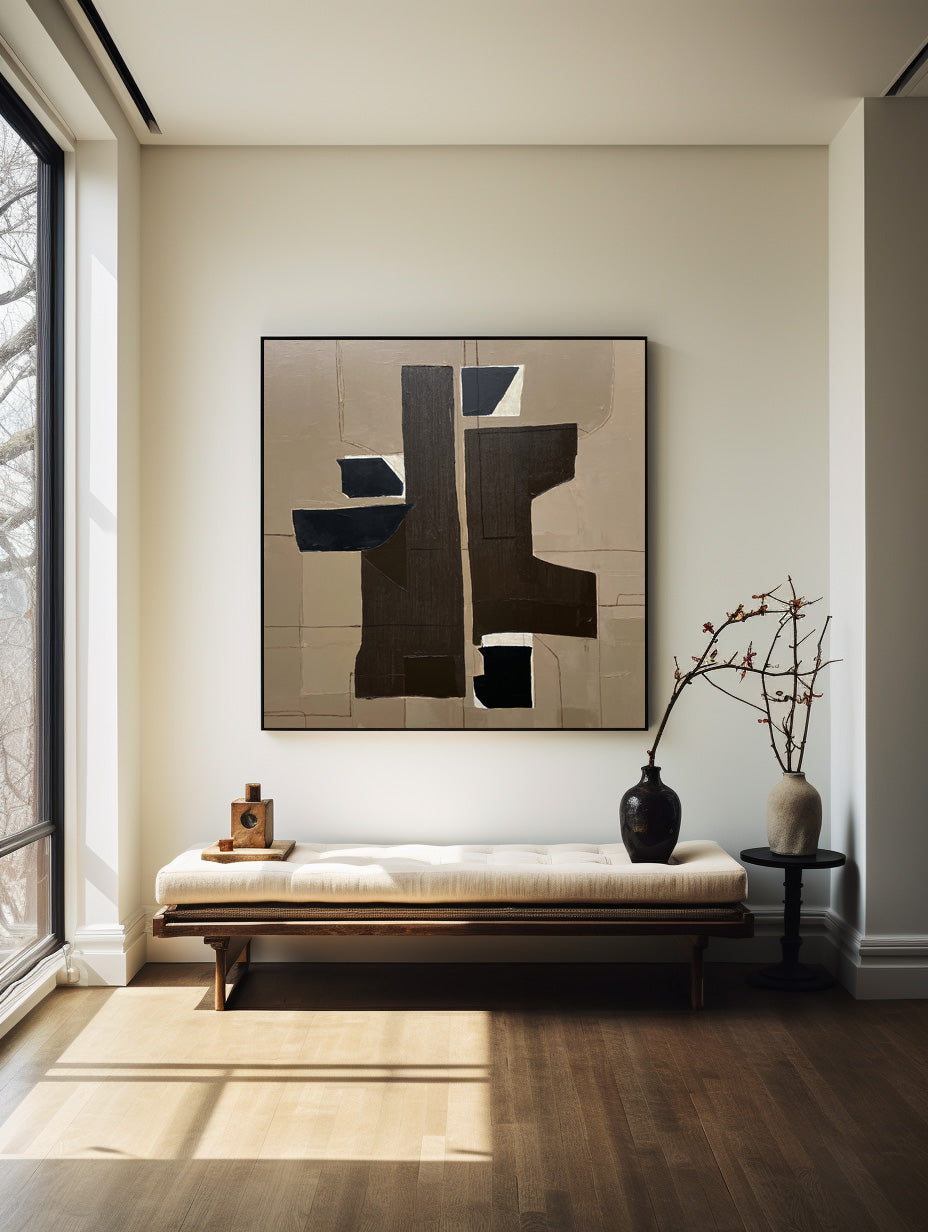 Wabi-Sabi Minimalist Black and Beige Abstract Oil Painting for Modern Decor