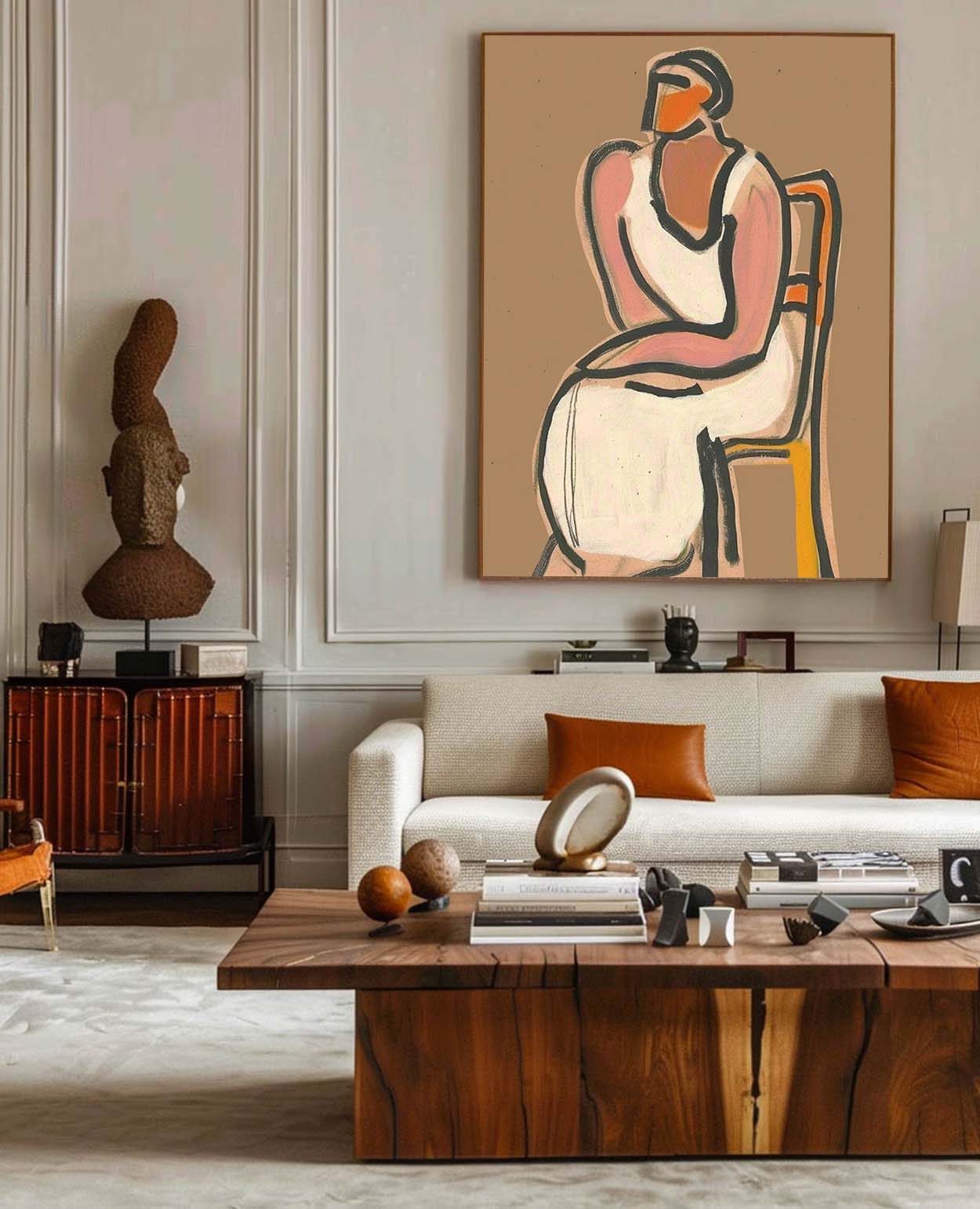 Stylized Vintage Woman Sitting - Unique Modern Oil Painting for Home Decor