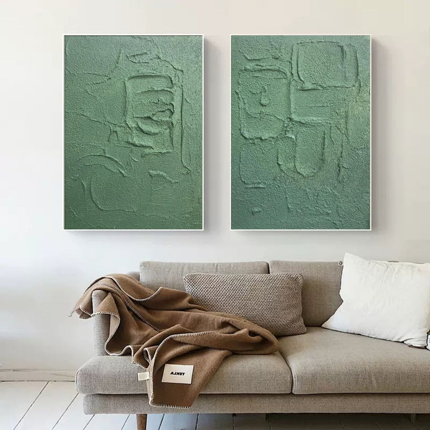 Textured Green Abstract Oil Painting Duo for Modern Home Decor