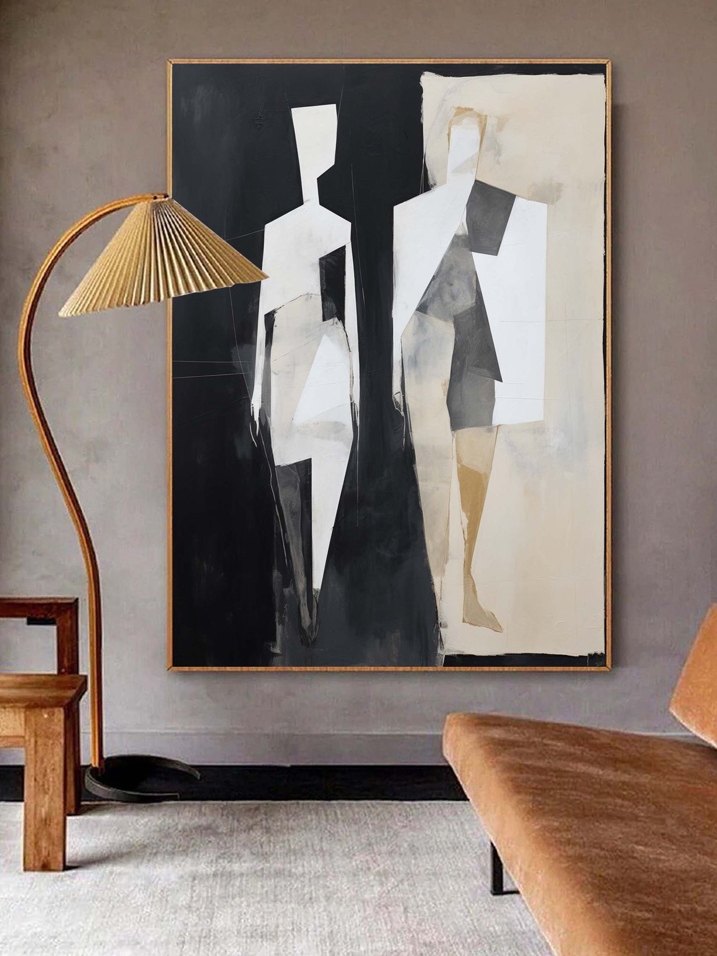 Abstract Minimalist Oil Painting of Elegant Human Forms in Black and White