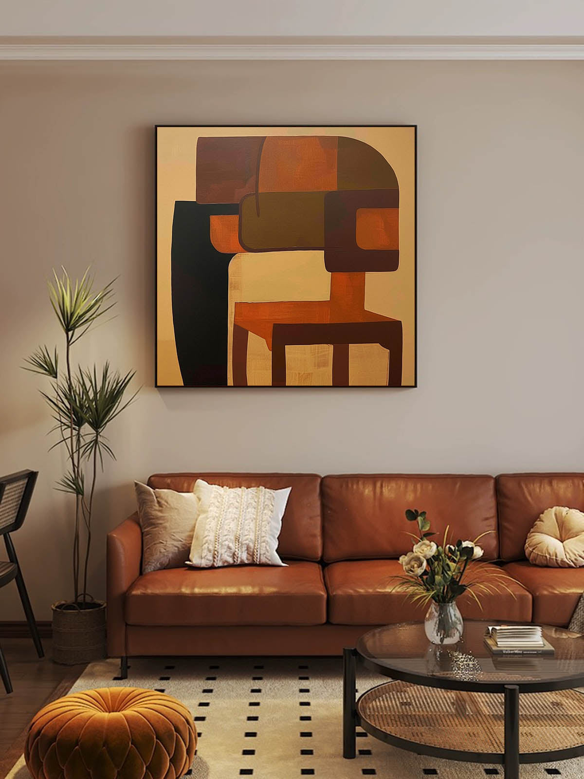 Modern Vintage Abstract Oil Painting with Rich Earthy Tones for Contemporary Decor