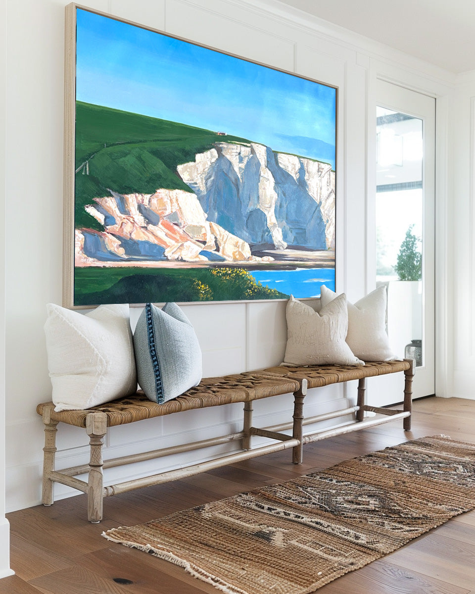 Coastal Bliss: Exquisite Oil Painting of Serene Cliffs and Tranquil Waters