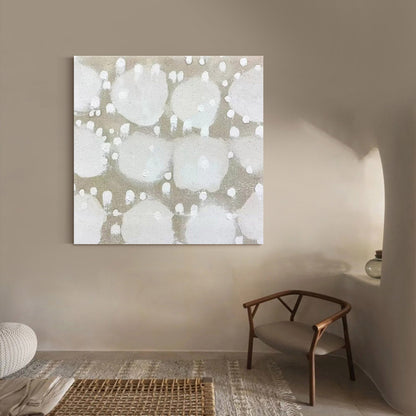 Elegant Minimalist Abstract Oil Painting with Soft White and Gray Dots