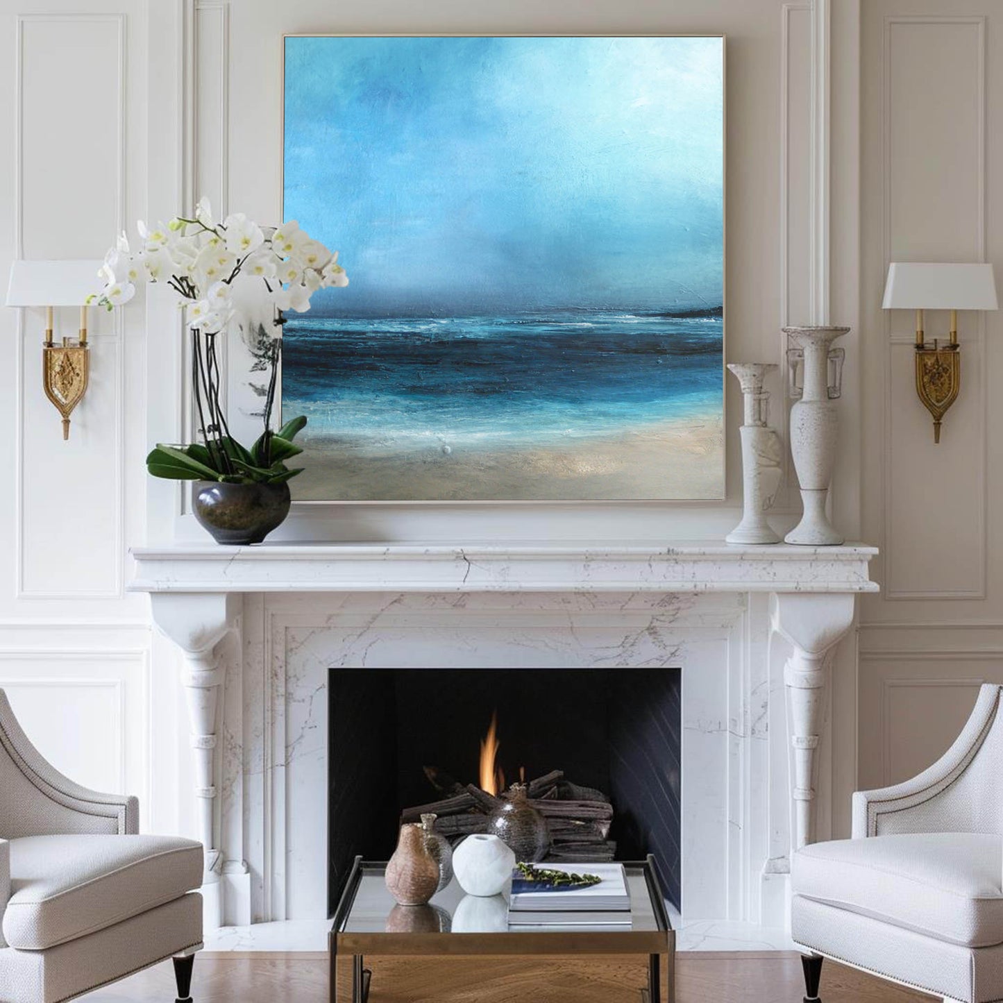 Stunning Blue Ocean Horizon Abstract Oil Painting for Coastal Home Decor