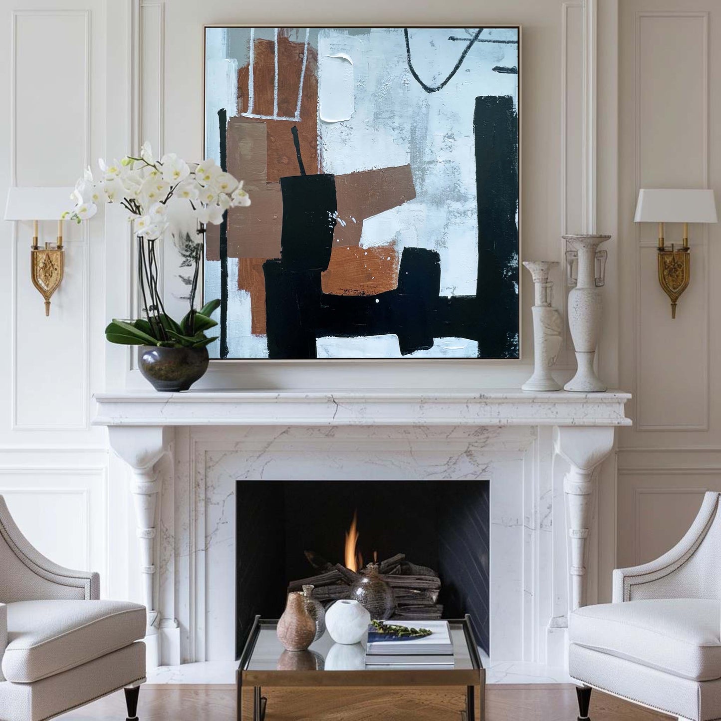 Contemporary Black and Brown Abstract Oil Painting for Elegant Home Decor