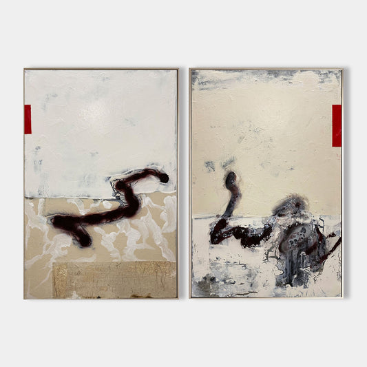 Contemporary Beige Abstract Oil Painting with Dynamic Textures and Shapes