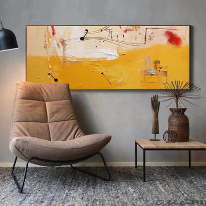 Vibrant Abstract Oil Painting with Musical Notes and Warm Yellow Tones for Modern Decor