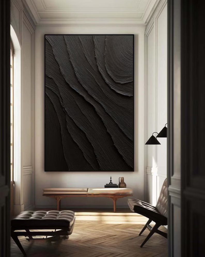 Elegant Minimalist Black Abstract Oil Painting for Contemporary Decor