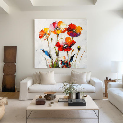 Vibrant Abstract Floral Oil Painting with Colorful Poppies for Modern Home Décor