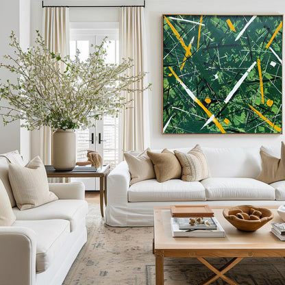 Vibrant Green Abstract Oil Painting with Bold Yellow and White Accents