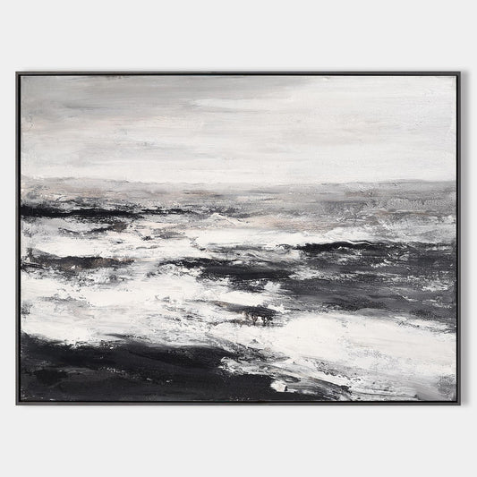 Monochrome Coastal Serenity: Abstract Black and White Beach Oil Painting