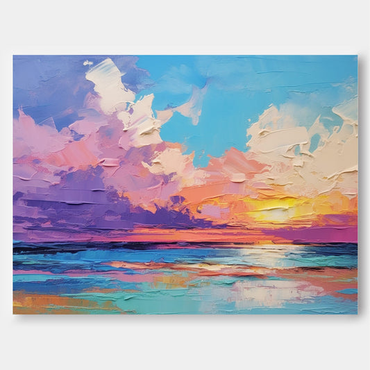 Vibrant Sunset Over Ocean - Colorful Oil Painting Canvas Art for Home Decor