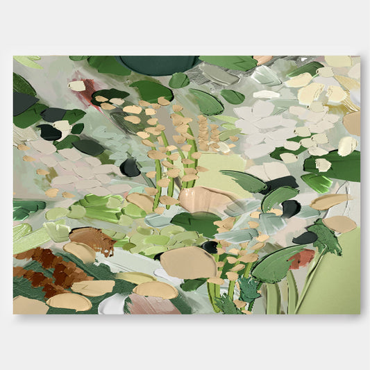 Botanical Elegance: Serene Green and White Floral Oil Painting for Home Decor